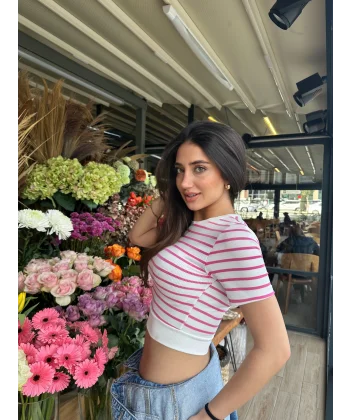 Fuşya Çizgili Manşet Detay T-Shirt