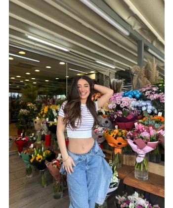 Mor Çizgili Manşet Detay T-Shirt