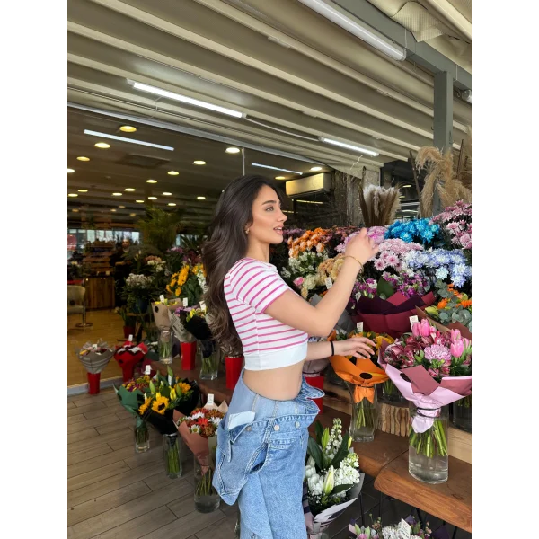 Fuşya Çizgili Manşet Detay T-Shirt