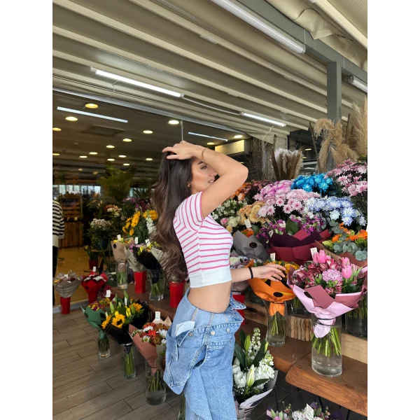 Fuşya Çizgili Manşet Detay T-Shirt