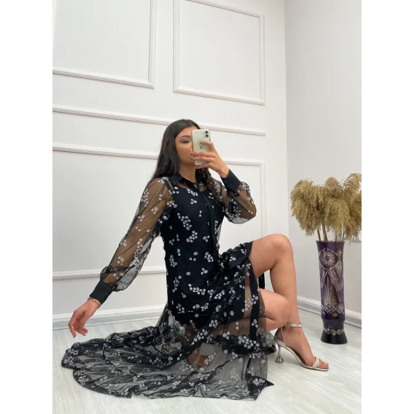 Kadın Siyah Astarı Sandy Dışı Tül çiçek Desenli Elbise