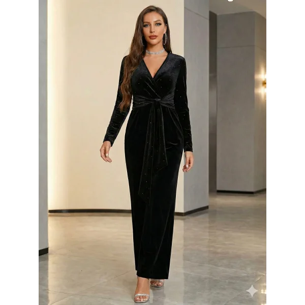 Kadın Uzun Kollu Kruvaze Yakalı Belden Kuşaklı ışıltılı Kadife Tulum