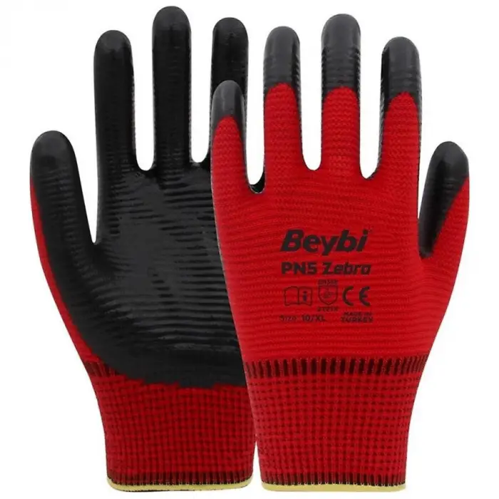 Beybi PN5 Zebra Polyester Örme Nitril Eldiven NO: 10 / Kırmızı