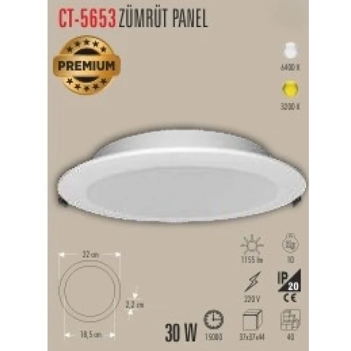 CT-5653 30W ZÜMRÜT PANEL 2 IŞIK SEÇENEĞİ BEYAZ 6400K&GÜNIŞIĞI 3200K