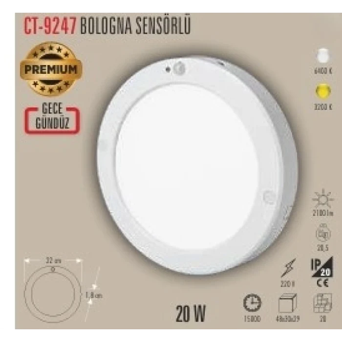 CT-9247 20 W BOLOGNA SENSÖRLÜ SIVA ÜSTÜ LED PANEL 2 IŞIK SEÇENEĞİ BEYAZ 6400K&GÜNIŞIĞI 3200K