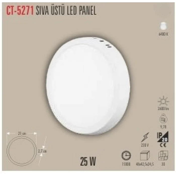 CT-5271 25W SIVA ÜSTÜ LED PANEL 2 IŞIK SEÇENEĞİ BEYAZ 6400K&GÜNIŞIĞI 3200K