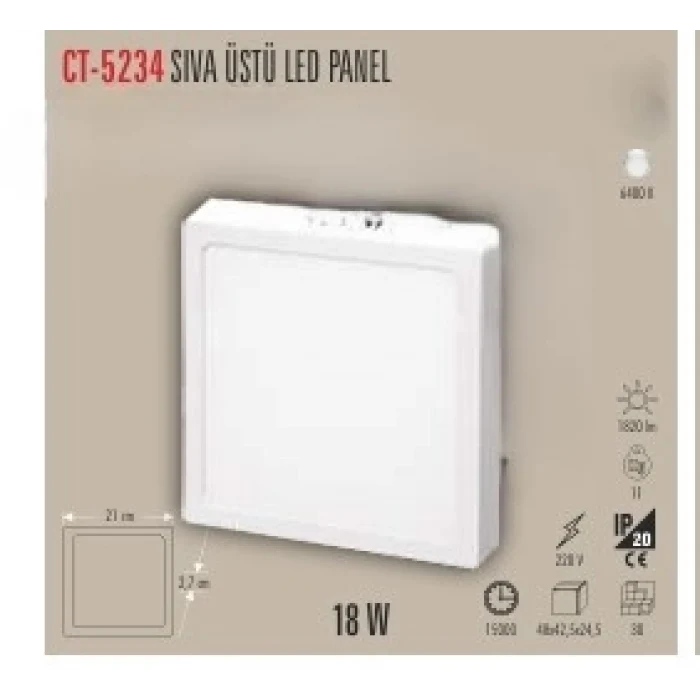 CATA 18W KARE SIVA ÜSTÜ LED PANEL BEYAZ IŞIK 6400K