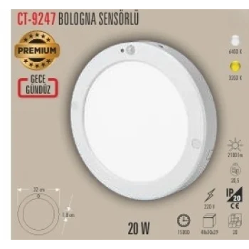 CT-9247 20 W BOLOGNA SENSÖRLÜ SIVA ÜSTÜ LED PANEL 2 IŞIK SEÇENEĞİ BEYAZ 6400K&GÜNIŞIĞI 3200K