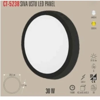 CT-5238 30W SİYAH KASA SIVA ÜSTÜ LED PANEL 2 IŞIK SEÇENEĞİ BEYAZ 6400K&GÜNIŞIĞI 3200K