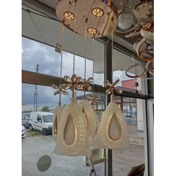 Damla Model 5li Gold 3 Renk Modlu Ledli Kristal Taşlı Avize