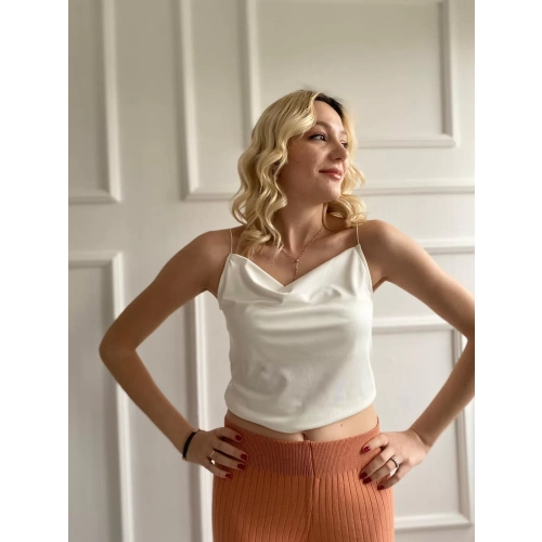 Kadın Ekru Degaje Yaka Crop