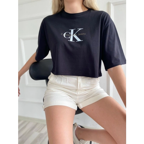 Kadın Oversize Crop Tişört Siyah