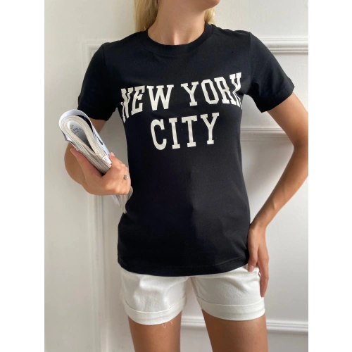 Kadın Basic Tişört Newyork City Baskılı Siyah