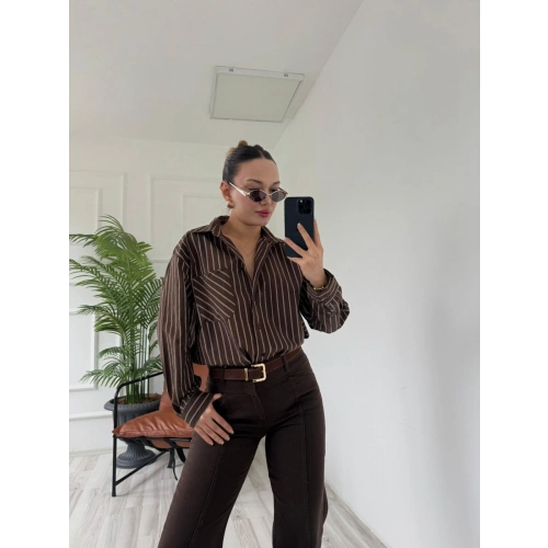 Kadın Çizgili Gömlek Kahve