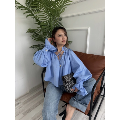 Kadın Vigoda Yakası Bağlamalı Gömlek Mavi