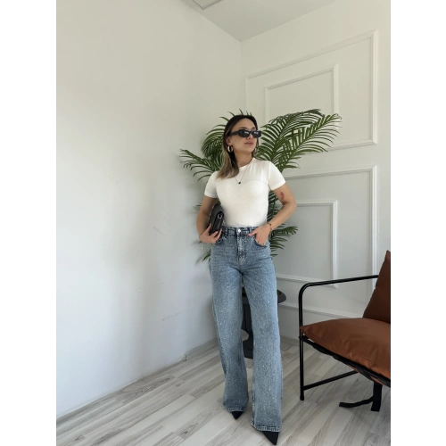 Kadın Wide Leg Taşlı Jean Mavi