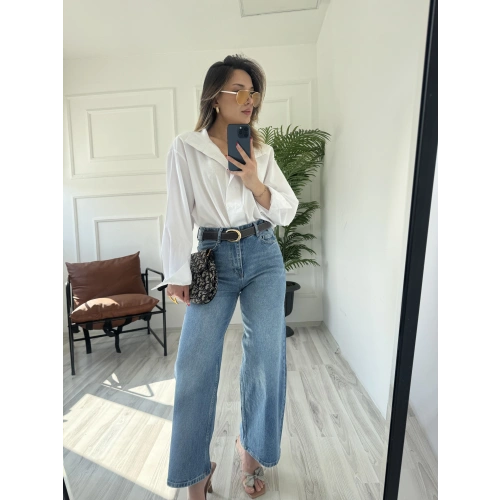 Kadın Wide Leg Kemerli Mavi Jean