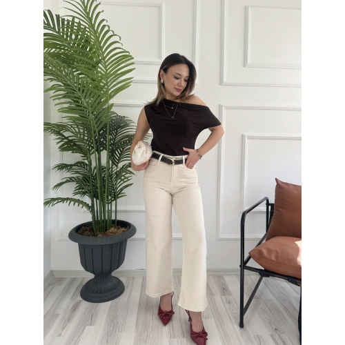 Kadın Wide Leg Kemerli Bej Jean
