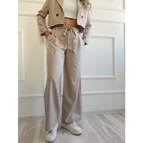 Çizgili Çift Bej Bağcıklı Palazzo Pantolon