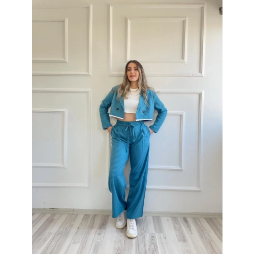 Çizgili Çift Mavi Bağcıklı Palazzo Pantolon