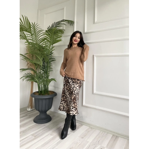 Kadın Açık Yaka Uzun Kol Triko Camel