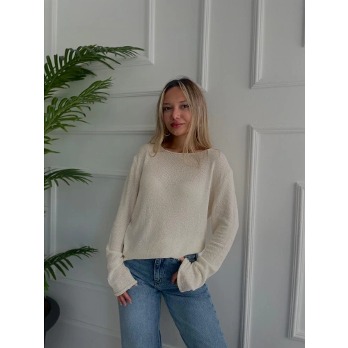 Kadın Açık Yaka Uzun Kol Triko Krem