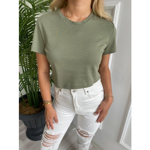 Kadın Basic Crop Tshirt Haki