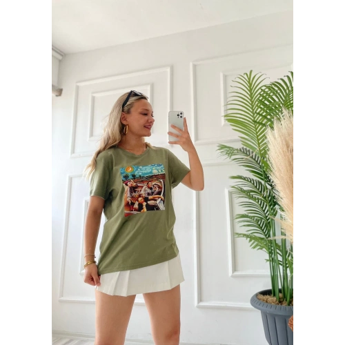 Kadın Baskılı Basic Tişört Haki