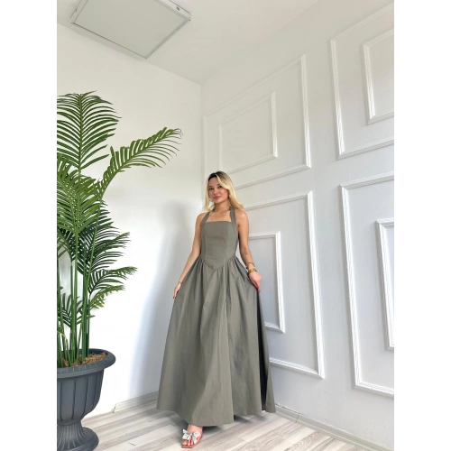 Kadın Boyundan Geçirme Detaylı Elbise Yeşil