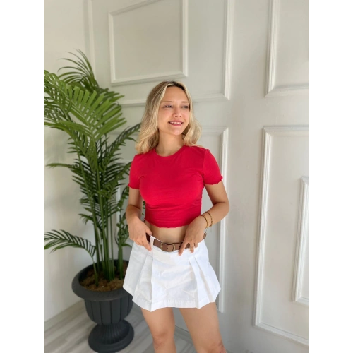 Kadın Büzgü Detaylı Crop Kırmızı Tshirt