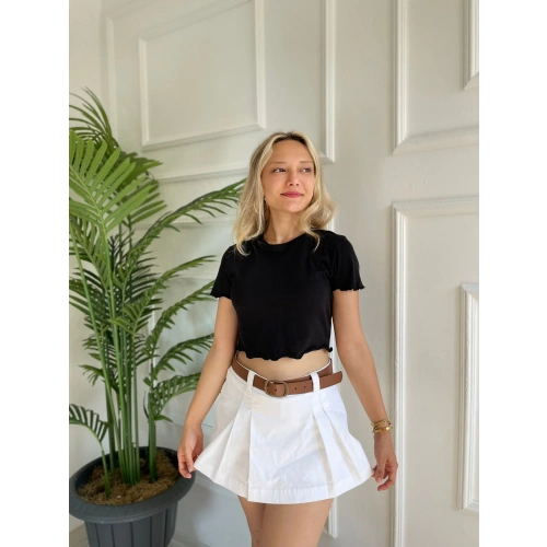 Kadın Büzgü Detaylı Crop Siyah Tshirt