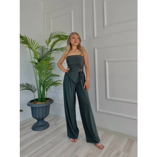 Kadın Büzgülü Bluz ve Salaş Pantolon İkili Takım