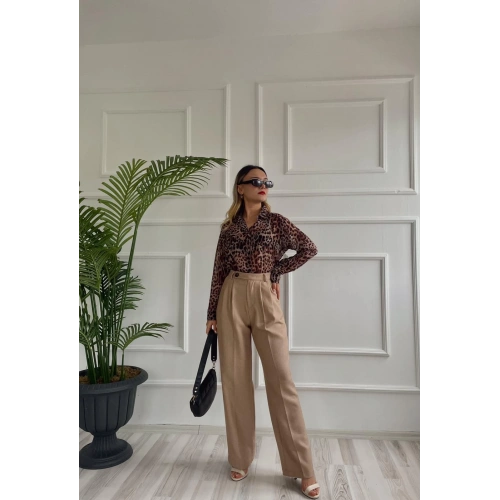 Kadın Çift Dokuma Pileli Palazzo Pantolon Nude