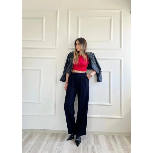 Kadın Çift Dokuma Pileli Palazzo Pantolon Siyah