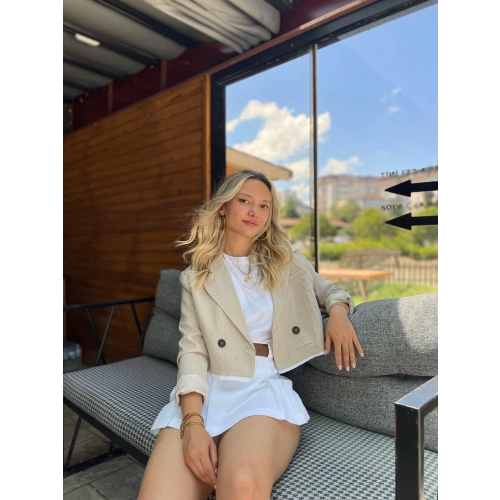 Kadın Çizgili Eteği Bej Garnili Ceket