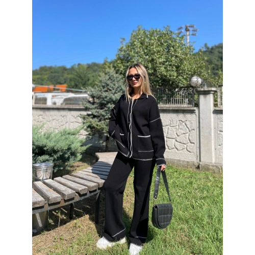 Kadın Çoban Dikişli Hırka-Pantolon Triko Takım Siyah-Ekru