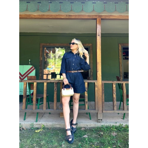 Kadın Denim Gömlek Şort Takım Lacivert