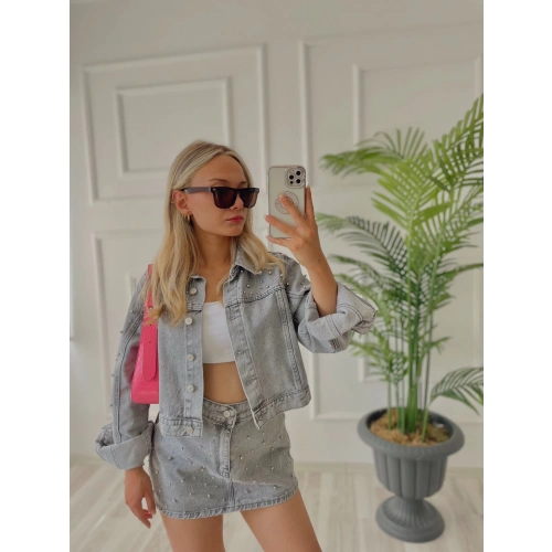 Kadın Denim İnci Detaylı Etek Ve Ceket İkili Takım Antrasit