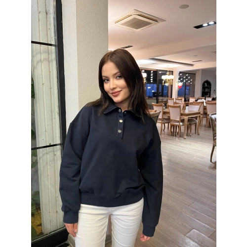 Kadın Denim Yaka Tasarım Sweat Mavi