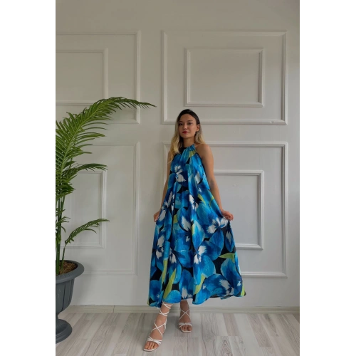 Kadın Desenli Elbise Mavi