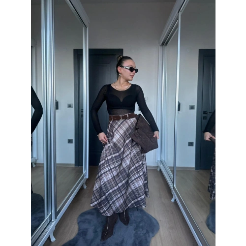 Kadın Ekoseli Kemerli Etek Kahve Bej