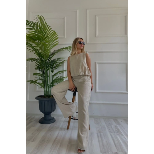 Kadın Eteği Balon Dar Kemerli Keten İkili Takım Bej