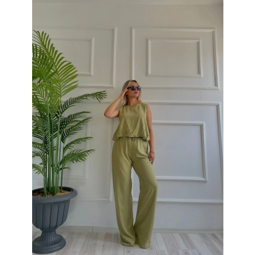 Kadın Eteği Balon Dar Kemerli Keten İkili Takım Haki