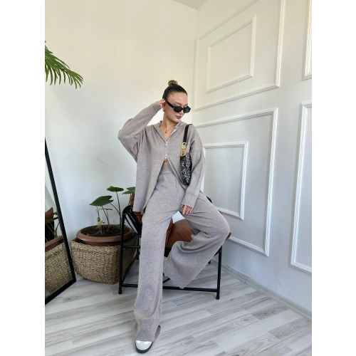 Kadın Fermuarlı Pantolon Triko Takım Bej