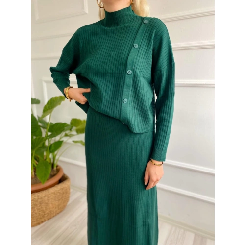 Kadın Fitilli Düğme Detaylı Triko Takım Zümrüt Yeşili