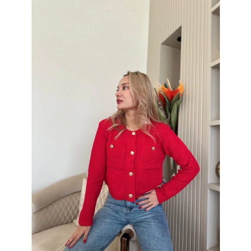 Kadın Gold Düğme Detaylı Cepli Hırka Kırmızı