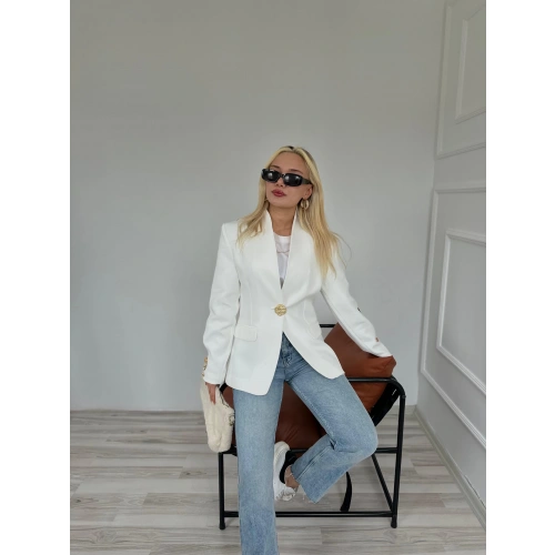 Kadın Gold Düğmeli Hakim Yaka Blazer Ceket Beyaz