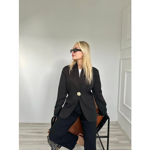 Kadın Gold Düğmeli Hakim Yaka Blazer Ceket Siyah