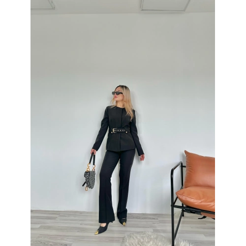 Kadın Gold Kemerli Ceket Pantolon Takım Siyah