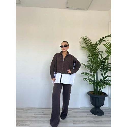 Kadın Gömlek Detaylı Pantolon Triko Takım Vizon